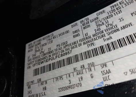 2020 Ford F-150 Lariat z USA, uszkodzony, nr VIN 1FTEW1EP2LFC80957